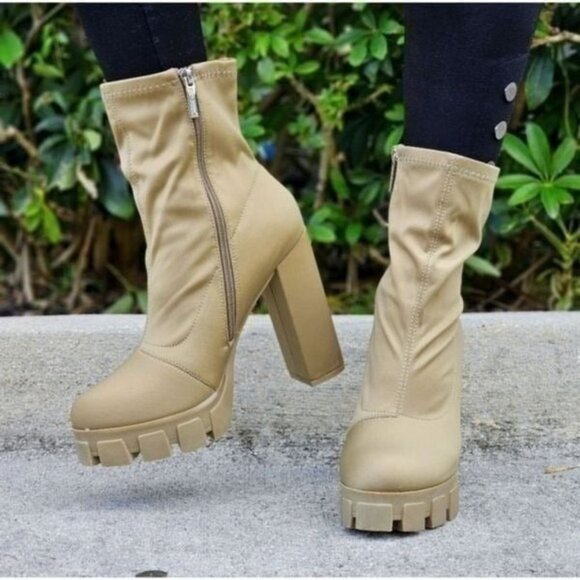 Women's Platform Ankle Chunky Heel Boots Taupe Color - Picture 4 of 5
